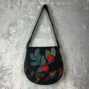 Rising Tide Floral Felted Wool Shoulder Bag Black Multicolor Handmade Nepal Boho